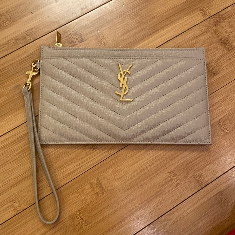 Saint Laurent Cassandre Large Zipped Pouch- Dark Beige NWOT